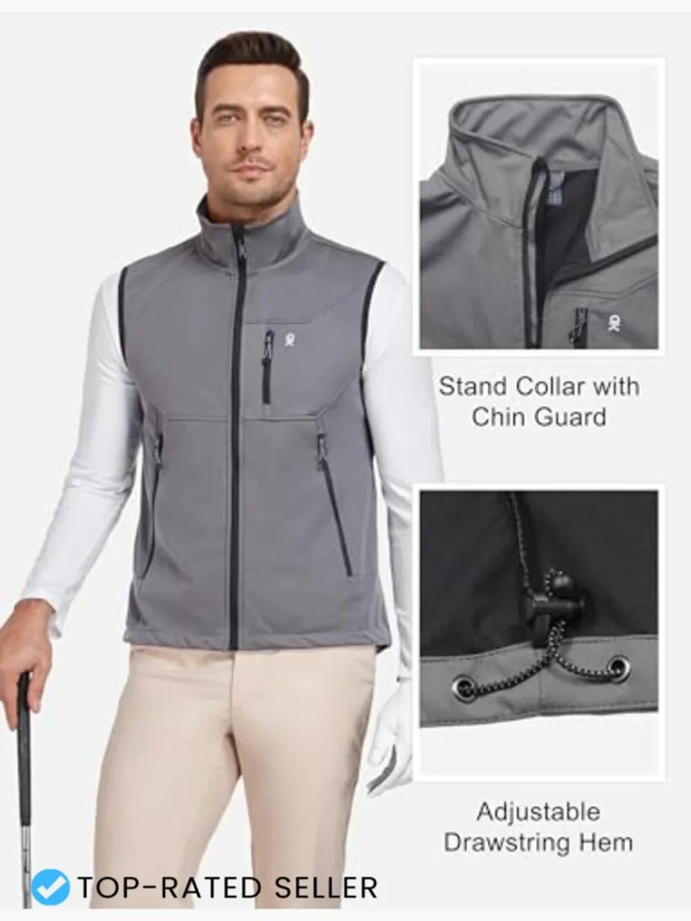 Men's Lightweight Golf Vest Windproof Water-Resistant 4-Way Stretch Zip-Up